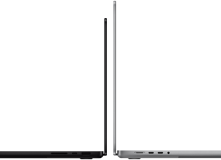 14‑palcový a 16‑palcový MacBook Pro umiestnené zadnou stranou veka k sebe, čo znázorňuje rozdiel vo veľkosti a úzky profil