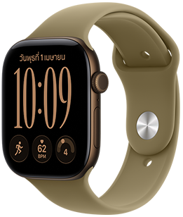 Apple Watch Series 12, ตัวเรือนอะลูมิเนียม, สีบรอนซ์เข้ม, หน้าปัดนาฬิกาโมดูลาร์, กลไกหน้าปัด: วันและวันที่, การออกกำลังกาย, อัตราการเต้นของหัวใจ, ความพร้อม, ภายนอกด้านขวา, Digital Crown, ปุ่มด้านข้าง, สายแบบ Sport Band, สีเขียวมะกอก