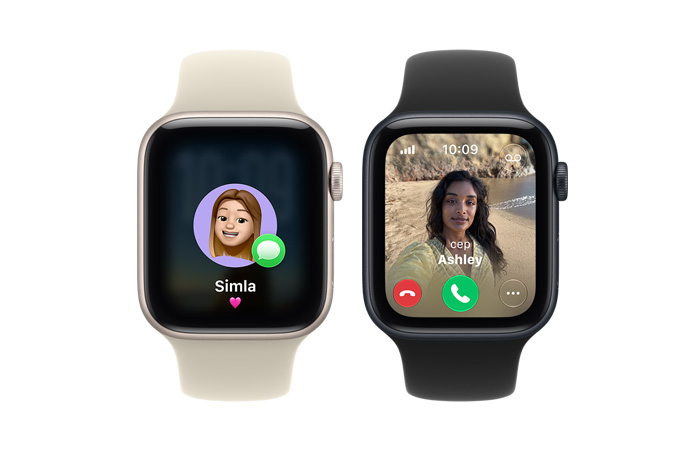 Apple Watch SE 3 aygıtları, alüminyum kasalar, yıldız ışığı ve gece yarısı renkleri, ekranlarında memoji ve gelen arama gösteriliyor, sağ dış görünüm, Digital Crown, Spor Kordonlar, kum beji (açık uçuk kahve) ve siyah renk