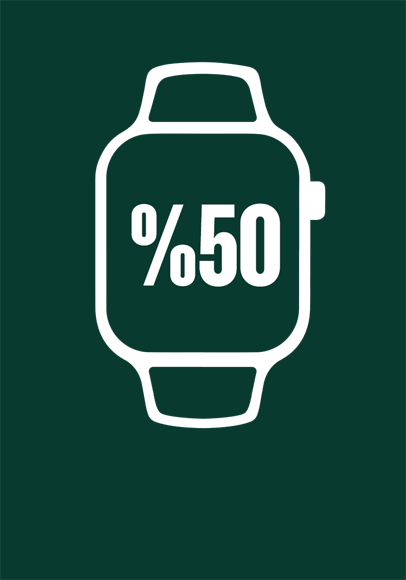 Apple Watch illüstrasyonu, yarıya indirilmiş yeşil kontur yüzde 50 oranını temsil ediyor