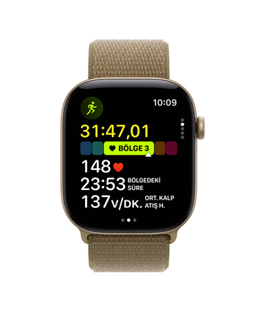 Apple Watch Series 12, alüminyum kasa, uçuk altın rengi, Koşu (Dış) antrenmanı açık, Kalp Bölgesi 3’te kalp atış hızı, Spor Loop kordon, klasik zeytin yeşili renk (kahverengi-yeşil)