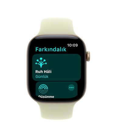 Apple Watch Series 12, alüminyum kasa, uçuk altın rengi, Farkındalık uygulaması açık, Spor Kordon, uçuk sukulent renk (açık sarı-yeşil)