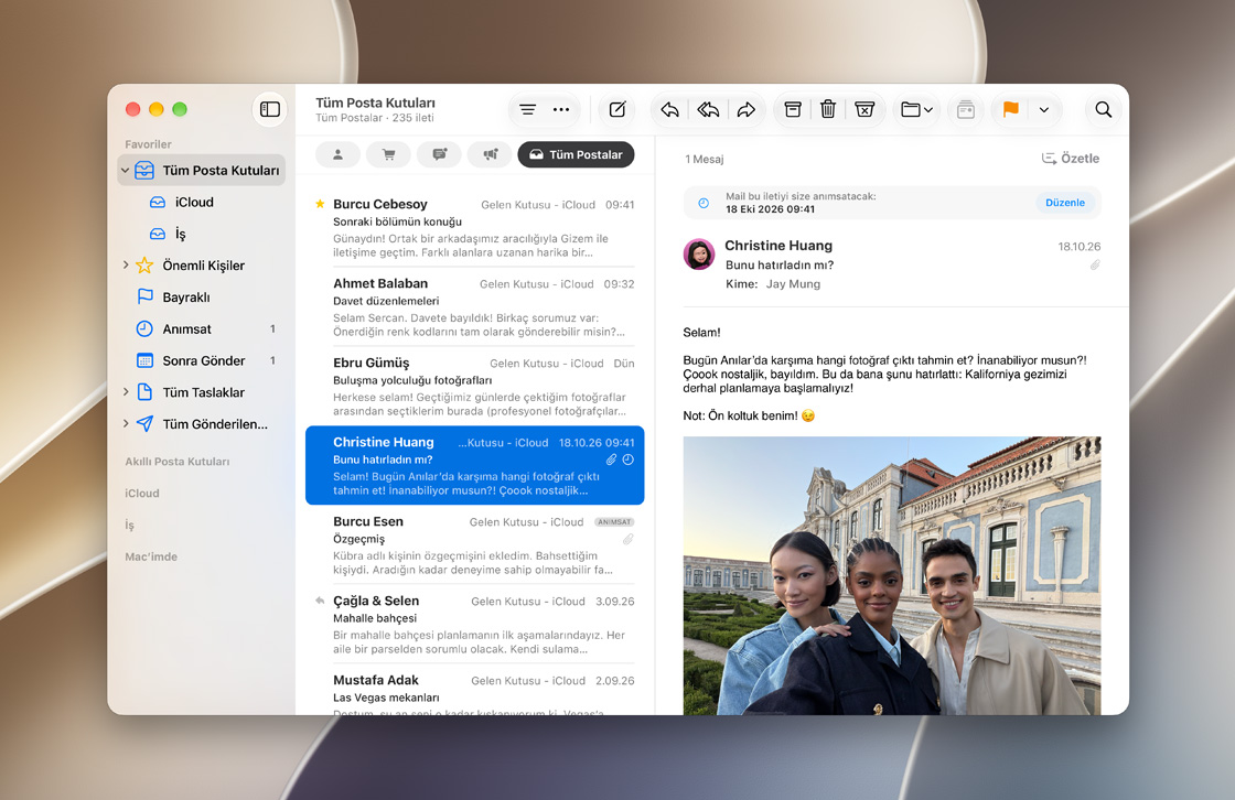 iCloud Mail gelen kutusu entegrasyonu ekranı