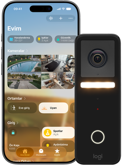 HomeKit Güvenli Video özelliklerini kullanan güvenlik kamerası ve iPhone.