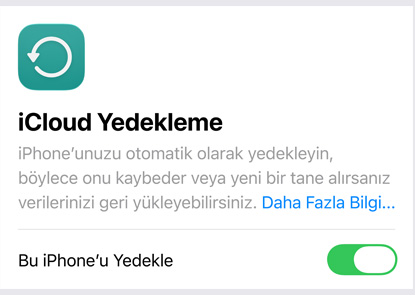iCloud Yedekleme veri kullanım ekranı