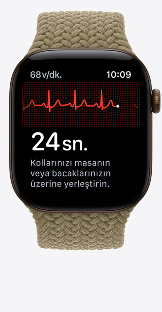 Apple Watch Series 12, alüminyum kasa, koyu bronz renk, EKG uygulaması, kalp ritmi çizgisi ve zamanlayıcı, Örgü Solo Loop, klasik zeytin yeşili renk (toprak yeşili)