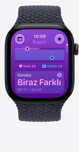 Apple Watch Series 12, alüminyum kasa, siyah renk, Yaşam Bulguları uygulaması, sağlık skoru grafiği, şu anki kalp atış hızı vuruş/dakika değeri, gündüz ölçülen yaşam bulgularının biraz farklı olduğu görülüyor, Örgü Solo Loop kordon, lacivert renk