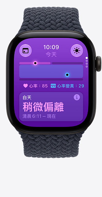 Apple Watch Series 12，展示黑色鋁金屬錶殼，搭配海軍藍色編織單圈錶環，螢幕顯示生命徵象 app 的健康評分圖表、目前每分鐘心跳數，白天讀數顯示生命徵象略微異常