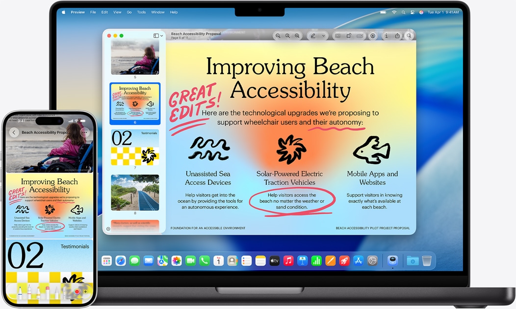 iPhone і MacBook поруч, що демонструють дзеркальний ефект, відображений на MacBook. Віджети додатків «Календар» і «Нотатки» у верхній частині екрана, додатки в нижній частині.