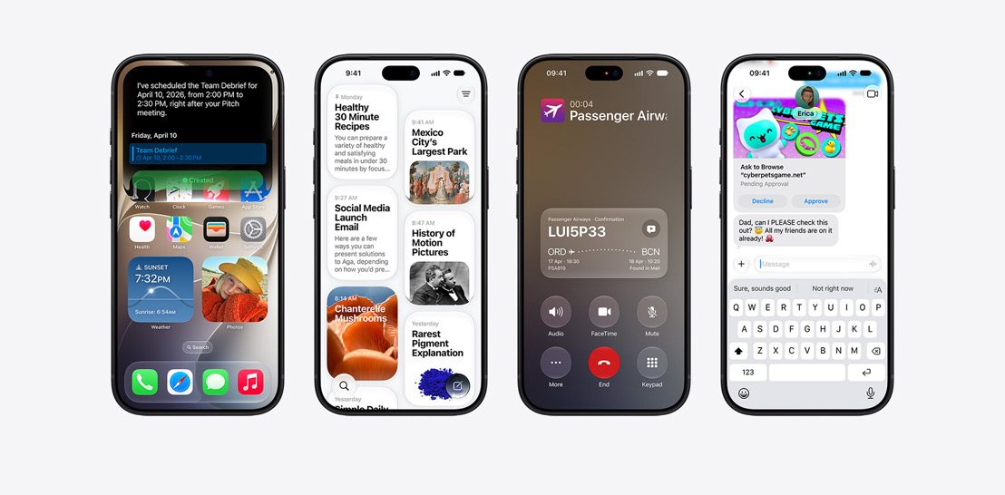 Four iPhone 18 Pro models, close-up front exteriors, each displaying various iOS features. From left to right, iPhone 18 Pro, screen displaying a team debrief being scheduled by Siri AI, iPhone 18 Pro, screen displaying the Siri App, grid of cards representing past interactions, featuring topics like “Healthy 30 Minute Recipes,” “Mexico City Largest Park” with an accompanying image, and “Social Media Launch Email”, iPhone 18 Pro, screen displays an active phone call with “Passenger Airways” with a Call Context card on the bottom of the screen with relevant flight confirmation details, including the booking code, route from JFK to RAK, and flight times, with a note indicating the information was “Found in Mail”, iPhone 18 Pro, screen displays a conversation with Siri AI, asking about the color of a tablecloth.