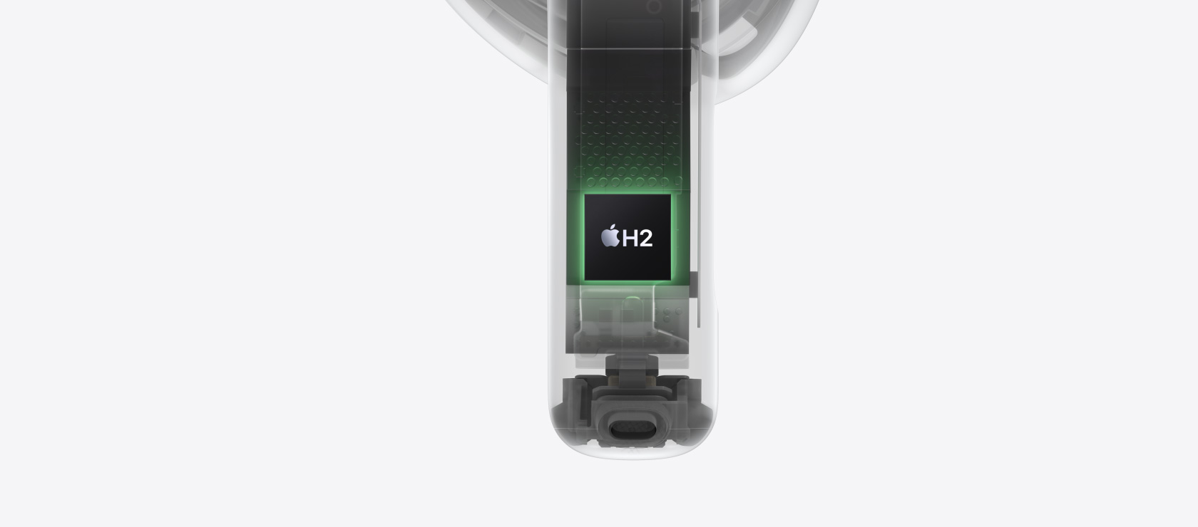 Chip H2 disorot di dalam batang AirPods 4.