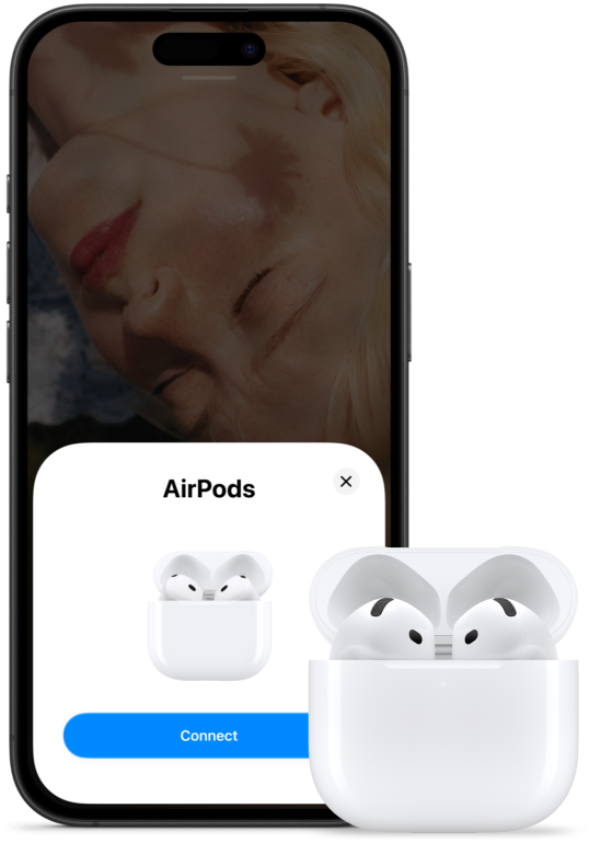 Een open oplaadcase met AirPods 5 erin, naast een iPhone met een melding op het scherm dat AirPods 5 zijn verbonden.