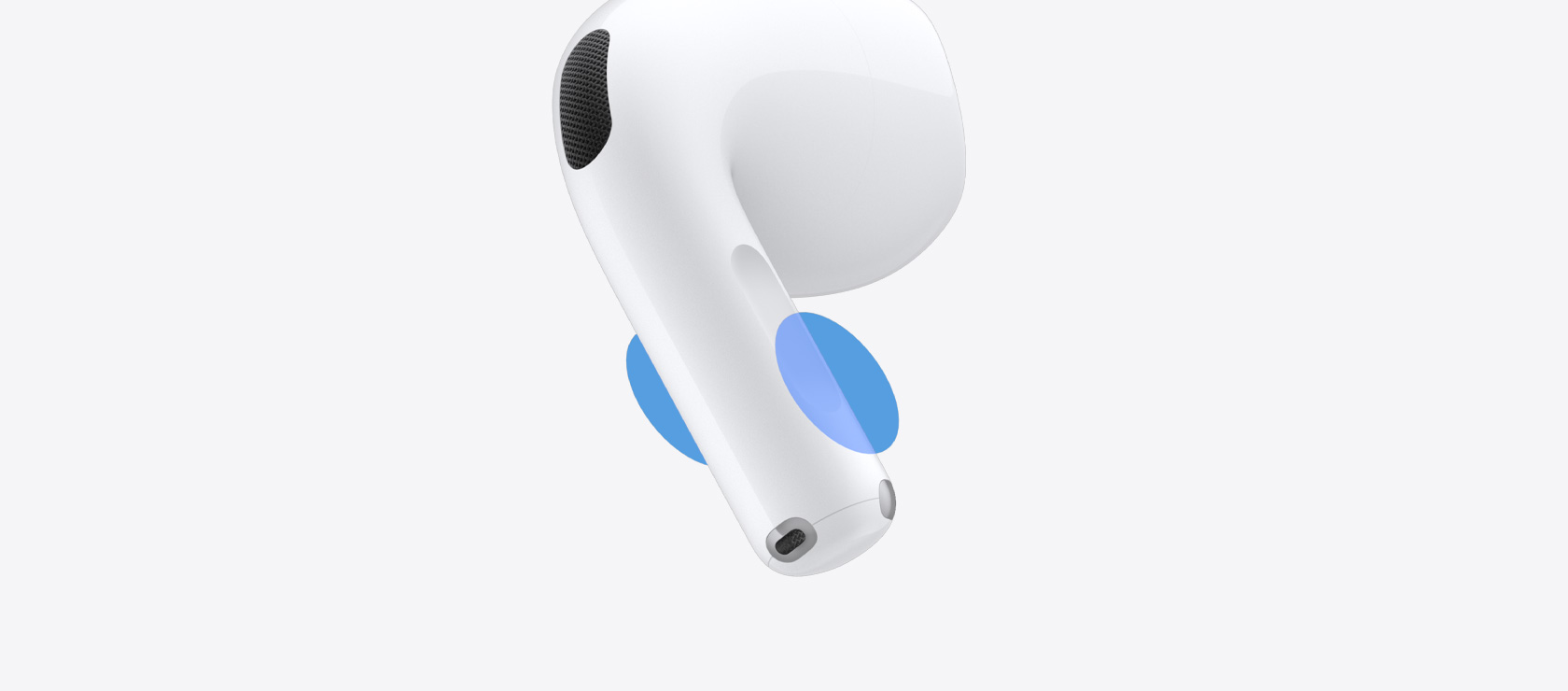 AirPods 5, blue circles over stem indicating where to swipe for volume control