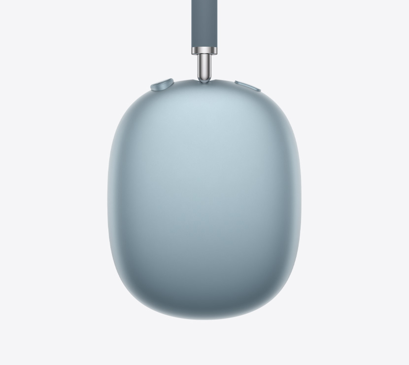 AirPods Max 2 kõrvaklapid, külgvaade, sinises toonis, teleskoopvarre detail, kõrvapadjad, Digital Crown ja müra reguleerimise nupp