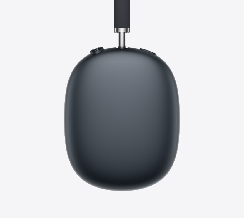 AirPods Max 2 kõrvaklapid, külgvaade, öösinises toonis, teleskoopvarre detail, kõrvapadjad, Digital Crown ja müra reguleerimise nupp