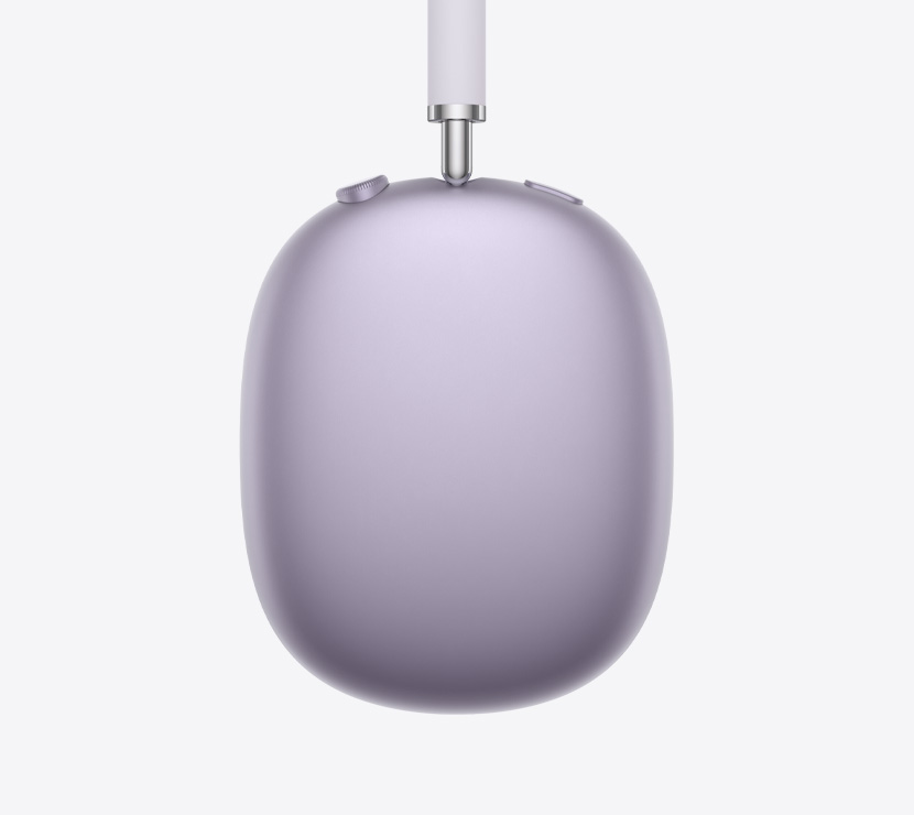 AirPods Max 2 kõrvaklapid, külgvaade, lillas toonis, teleskoopvarre detail, kõrvapadjad, Digital Crown ja müra reguleerimise nupp