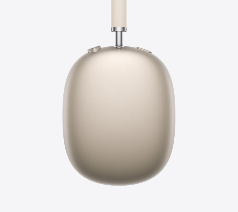 AirPods Max 2 kõrvaklapid, külgvaade, tähevalges toonis, teleskoopvarre detail, kõrvapadjad, Digital Crown ja müra reguleerimise nupp