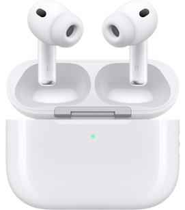 AirPods Pro 3 kõrvaklapid avatud kaanega laadimiskarbis, esikülg, valge