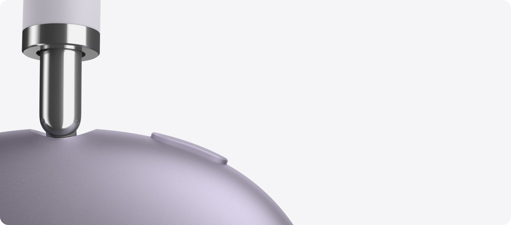 AirPods Max 2 kõrvaklapid, külgvaade, teleskoopvarre detail, kõrvapadjad, müra reguleerimise nupp