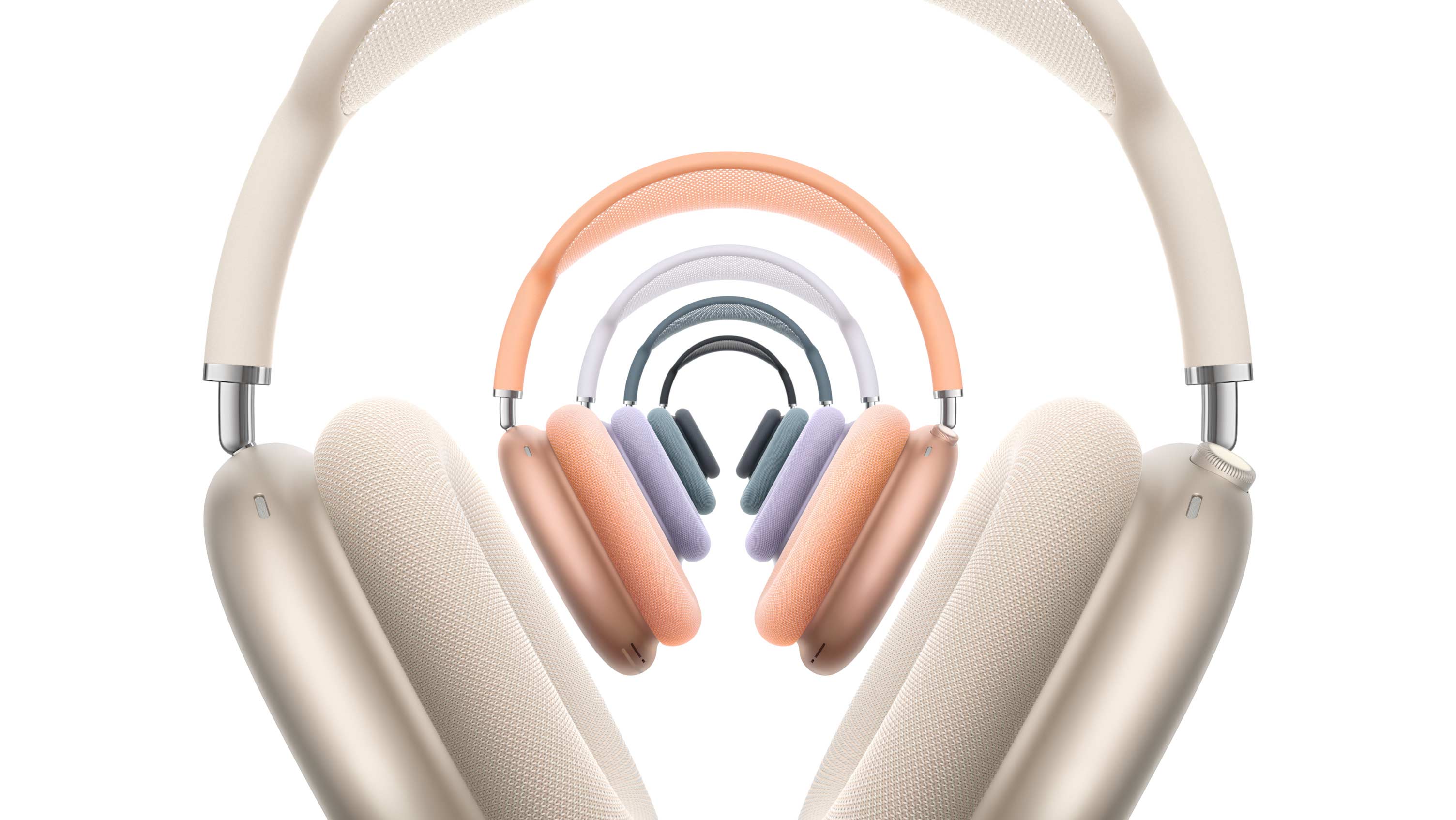 Viis paari AirPods Max 2 kõrvaklappe, esikülg, virnastatud, toonides tähevalge, oranž, lilla, sinine ja öösinine