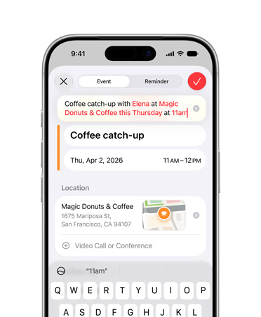 iPhone 17 Pro Perak, layar menampilkan Apple Intelligence membuat acara Kalender berdasarkan deskripsi yang diberikan oleh pengguna
