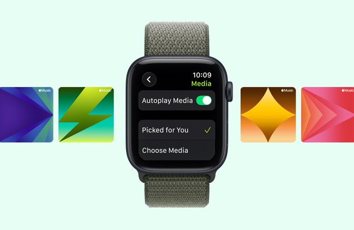 Apple Watch SE 3, alumiiniumkorpus, öösinine, Apple Musicu treeningu playlistide soovitused, Sport Loop, metsaroheline