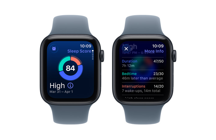 Apple Watch SE 3, uneskoor, ringdiagramm ja skoori number, unefaaside rakendus uurib ärkveloleku, REM- , põhi- ja sügavune faase