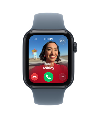 Apple Watch SE 3, alumiiniumkorpus, öösinine, sissetulev kõne, kontaktifoto, kõne vastuvõtmise ja sellest keeldumise nupud, parema külje vaade, Digital Crown, Sport Band, ankrusinine