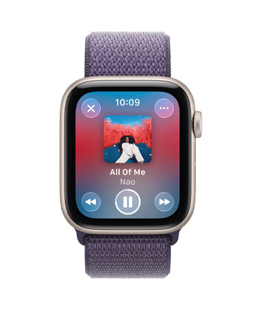 Apple Watch SE 3, alumiiniumkorpused, tähevalge, meedia taasesitus, Apple Music, parema külje välimus, Digital Crown, rihm, Sport Loop, lilla udu värv