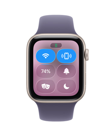 Apple Watch SE 3, alumiiniumkorpus, tähevalge, juhtimiskeskus, iPhone’i pingimise ikoon, parema külje vaade, Digital Crown, Sport Band, lilla udu