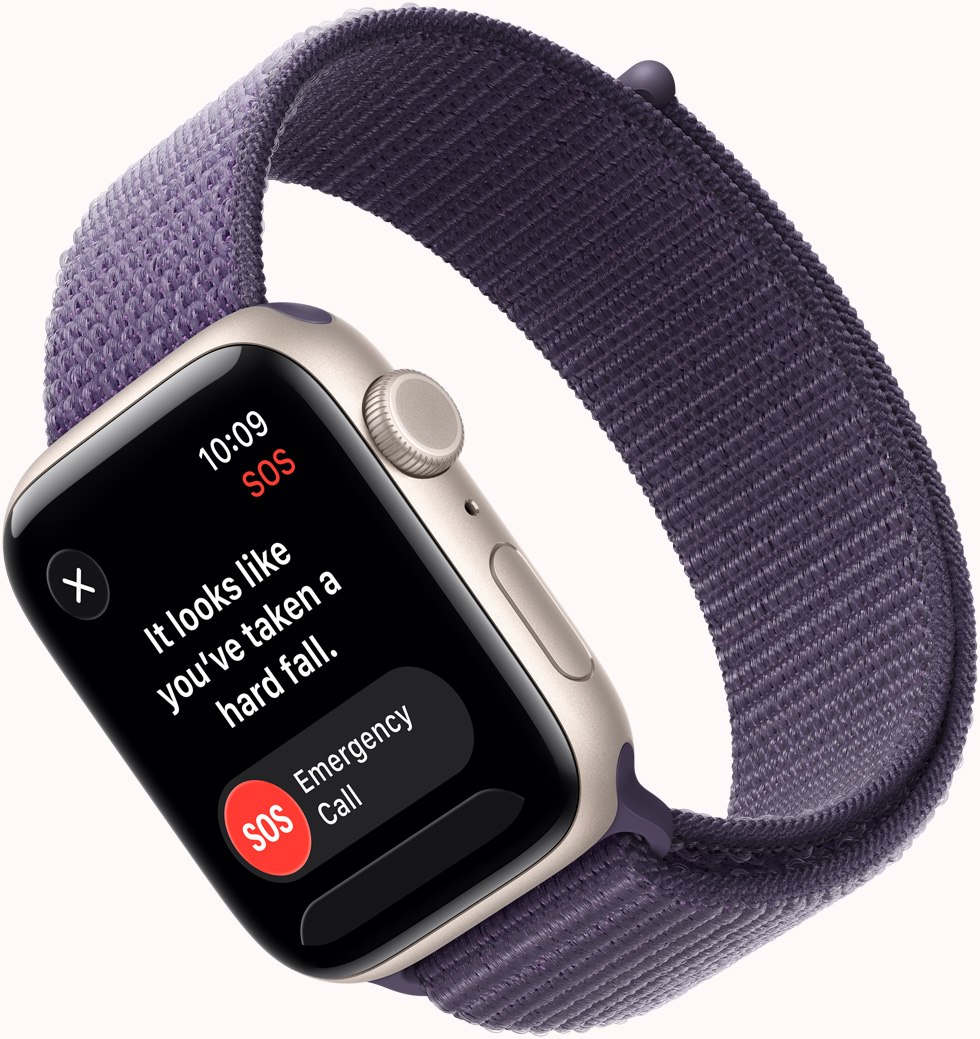 Apple Watch SE 3, alumiiniumkorpus, tähevalge, SOS-kukkumistuvastuse teavitus, hädaabikõne ja „Olen korras“ nupud, parema külje vaade, Digital Crown, mikrofon, külgnupp, rihm, Sport Loop, lilla udu värvi