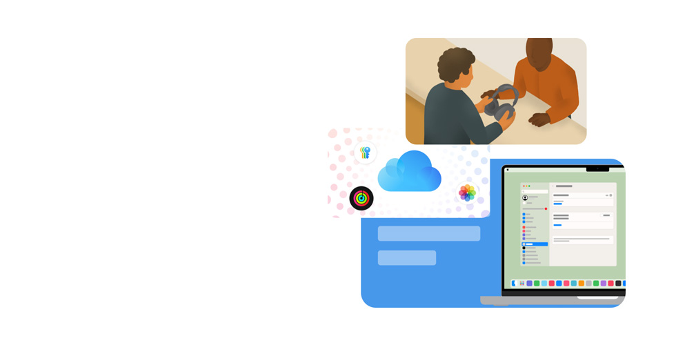 En illustration af en Apple-ekspert, der holder en kundes hovedtelefoner. Nedenfor er der tegnet en MacBook-skærm, som viser brugerfladen i Systemindstillinger, omgivet af ikoner, der repræsenterer Adgangskoder, iCloud, Apple Fitness og Fotos.