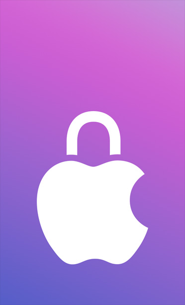 Apple dengan ikon gembok yang ditumpuk, berlatar belakang gradasi ungu