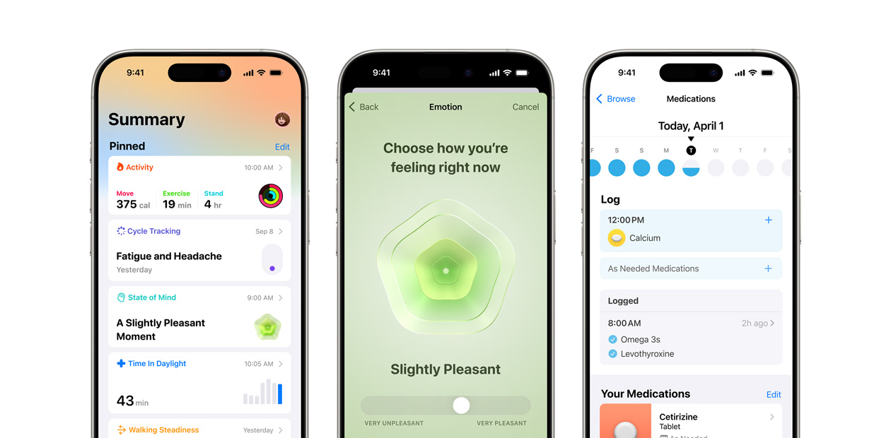 Trois iPhone affichant l’app Santé d’Apple.