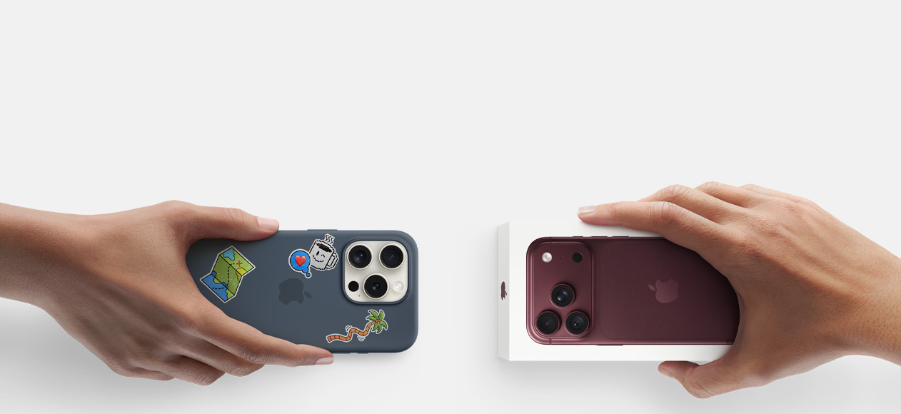 Hands exchanging trade-in iPhone 15 Pro in silver color with silicone case, stickers on back exterior, for new iPhone 18 Pro in burgundy color (dark red) in the box.