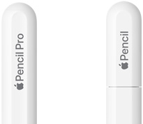Apple Pencil Pro, gerundeter und gravierter Apple Pencil Pro, Apple Pencil USB‑C, Apple Pencil mit gravierter Kappe am Ende.
