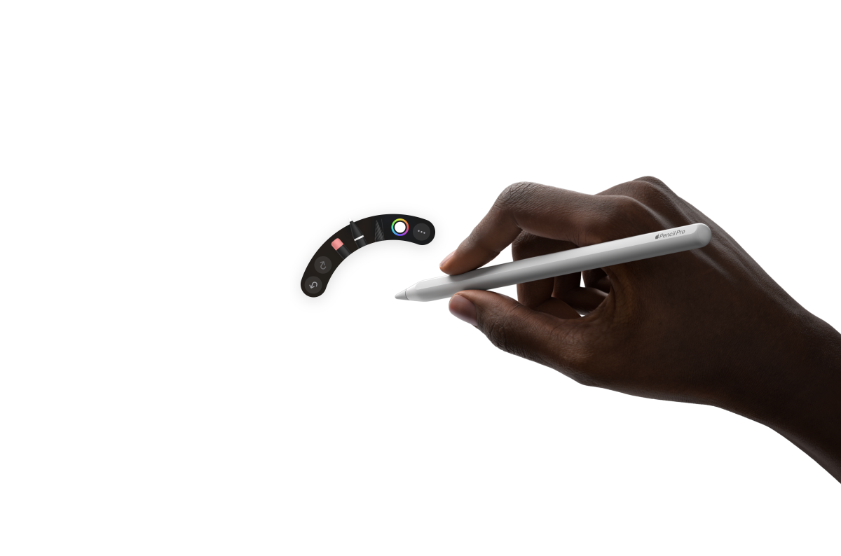 iPad Air, Vorderansicht, eine Hand hält den Apple Pencil Pro und arbeitet an einer Illustration mit handschriftlichen Notizen in Procreate