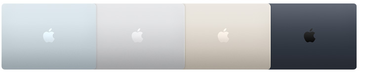 السطح الخارجي لأربعة موديلات من جهاز MacBook Air يبيّن أربعة ألوان مختلفة