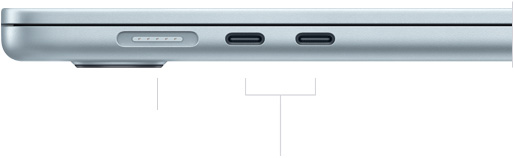 صورة للجهة اليسرى من جهاز MacBook Air وهو مغلق، تعرض منفذ MagSafe مع اثنين من منافذ ثندربولت