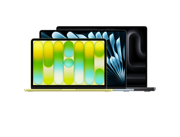 MacBookの3つのモデル：シトラスの13インチMacBook Neo、開いた状態、Liquid Retinaディスプレイ、丸みを帯びた厚みのある脚。スカイブルーの15インチMacBook Air、開いた状態、丸みを帯びた厚みのある脚。スペースブラックの16インチMacBook Pro、開いた状態、丸みを帯びた厚みのある脚