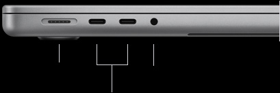 MacBook Pro 14 pouces avec puce M5, fermé, côté gauche montrant le port MagSafe 3, deux ports Thunderbolt 4 et la prise casque