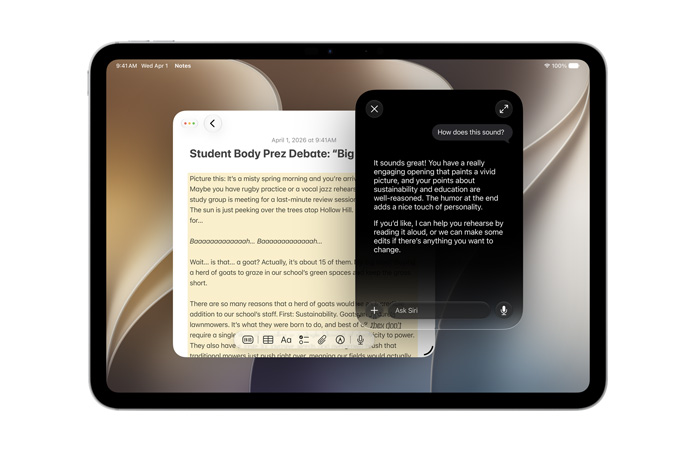 جهاز iPad Pro مقاس 11 إنش، لون فضي، شاشة أمامية تعرض تطبيق الملاحظات مع نص، خانة طلب استعلام موجّه إلى Siri AI لإنشاء محتوى جديد