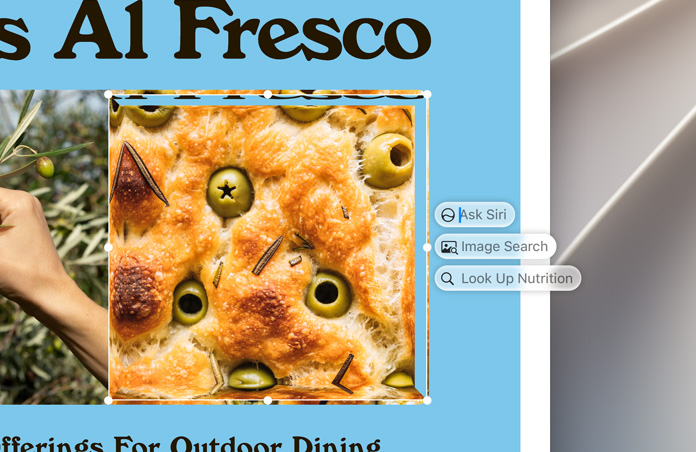 Les encadrés Intelligence visuelle, Demander à Siri, Recherche d’images et Valeur nutritionnelle apparaissent à droite d’une image mise en évidence d’olives cuites dans une focaccia