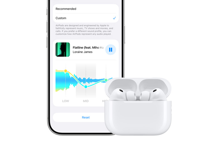 iPhone 17 Pro, Perak, layar depan, opsi rentang suara khusus untuk AirPods di rendah, sedang, dan tinggi