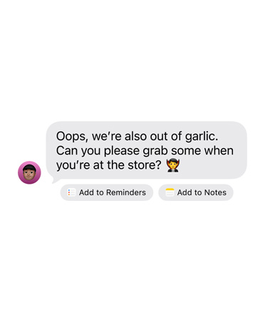 En modtaget iMessage med to knapper med forslag til handlinger nedenunder: Føj til påmindelser og Føj til Noter