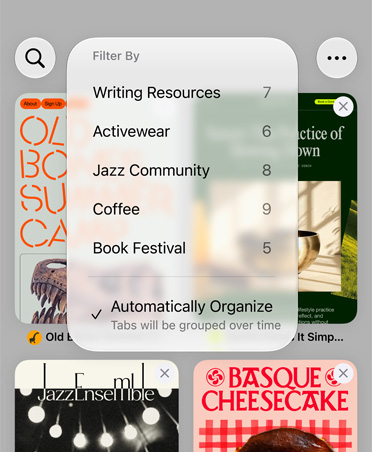 iPhone Safari Browser, der das Filtermenü mit Kategorien wie Ressourcen zum Schreiben, Sportbekleidung, Jazz Community, Kaffee und Buchfestival anzeigt, wobei die Option «Automatisch organisieren» ausgewählt ist