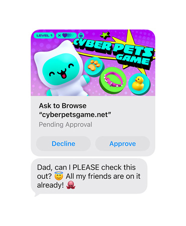 Skærm viser en tekstbesked med et screenshot fra cyberpetsgame.net, knapperne Afvis og Godkend under grafikken og beskeden: Dad, can I please check this out, all my friends are on it already