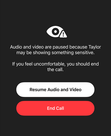 Automatisk genereret besked til en forælder om følsomt og usikkert indhold, som et barn muligvis ser i et FaceTime-opkald, med mulighederne Genoptag lyd og video og Slut opkald
