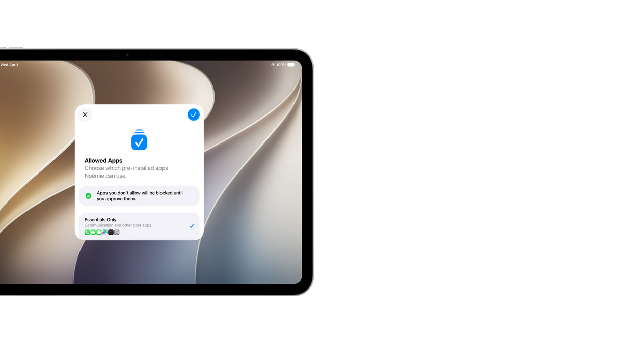 Skærmen på en 11-tommers iPad Pro i sølv viser appen Indstillingsassistent med et udvalg af apps, som en forælder kan vælge til sit barn