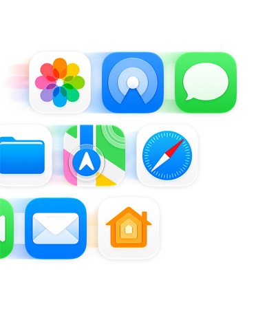 Gitter med appikoner, herunder Beskeder, Safari og Mail